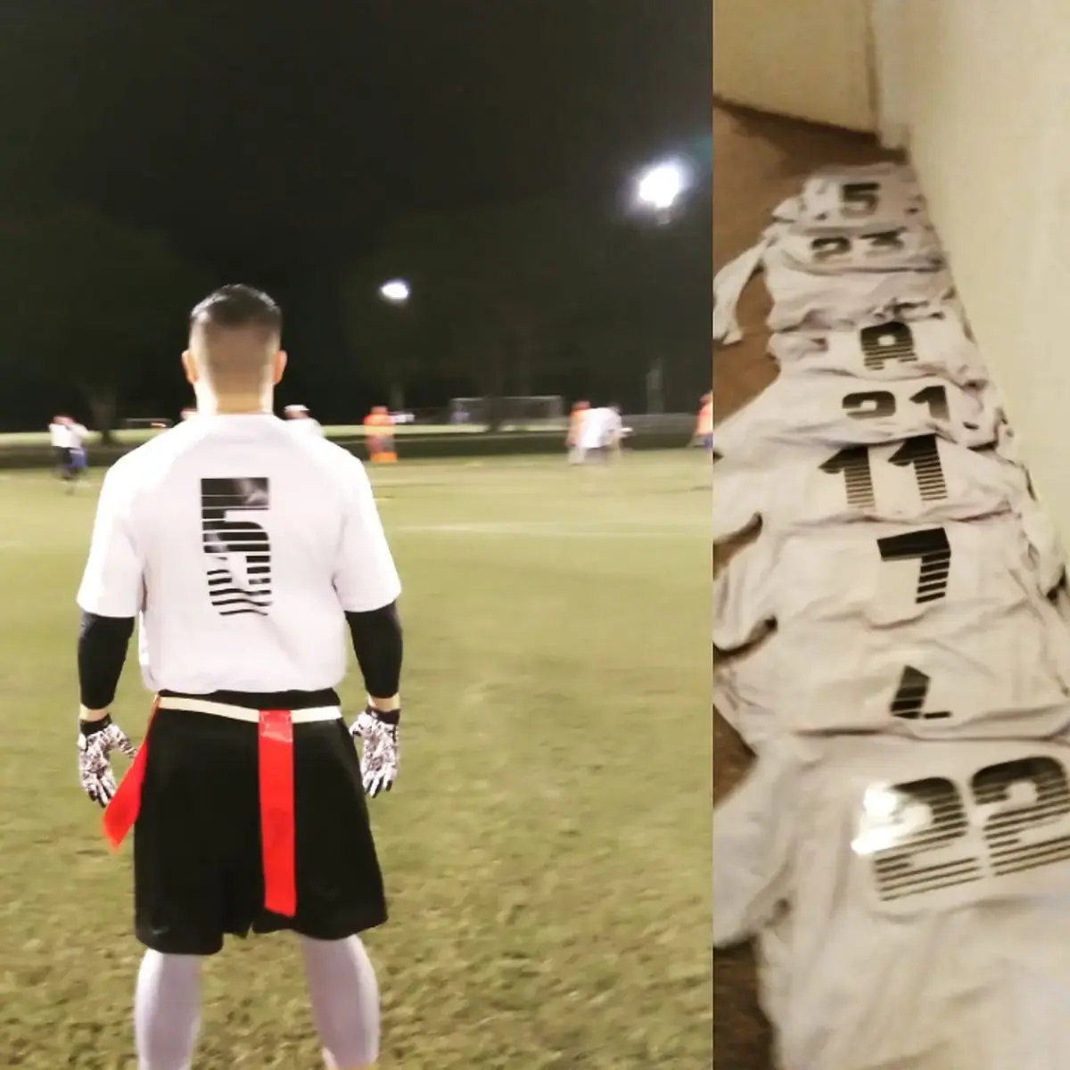 Team jerseys in action at night game